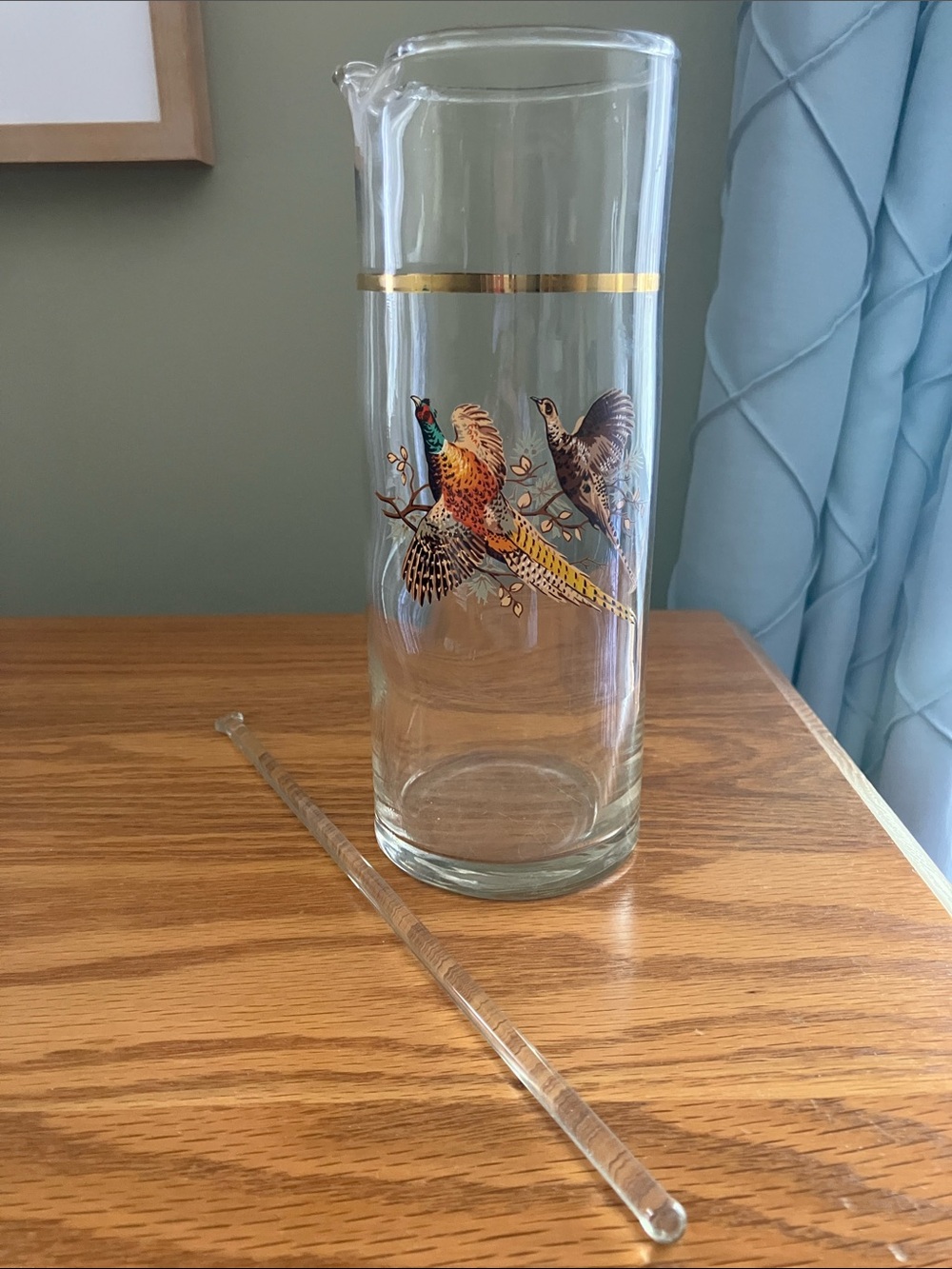 Vintage MCM Drink Mixing Pitcher Pheasants Birds + swizzle stirrer EUC - Picture 3 of 7
